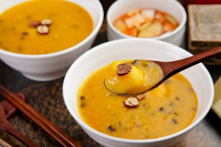 Korean food collection photo_Pumpkin Porridge, yellow gruel its mild, sweet flavor and healthy food....