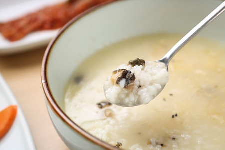 Korean food collection photo_Abalone White rice in bowl top view Porridge, delicious abalone soup 23