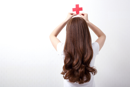 Long colorful hair with objects related to hair salon on close up isolated on background. 123の写真素材