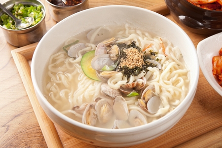 Korean handmade noodle kalguksu with manila clams, close-up shotの写真素材