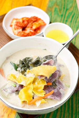 Korean soup food with perilla and sujebiの写真素材