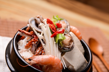 Korean-style seafood stew served in pot