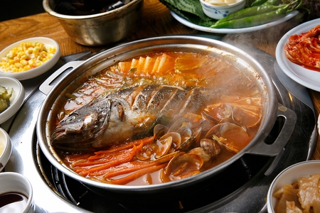 Spicy Korean rockfish stew, ureok tang with vegetables