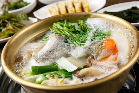 Korean cuisine Daegu Tang, fish roe and codfish soup with vegetablesの写真素材