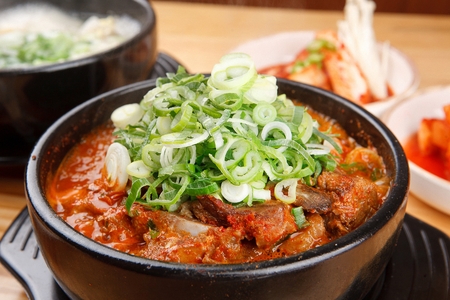 Spicy hangover soup with vegetables and pork ribs, Korean cuisine Haejanggukの写真素材