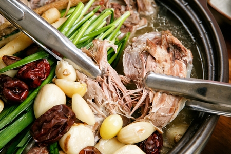 Korean cuisine duck baeksuk, Boiled duck soup with Korean medicinal herbsの写真素材