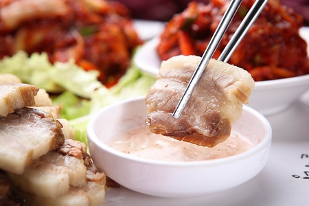Korean cuisine bossam, thinly spliced boiled porkの写真素材