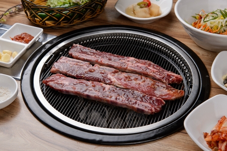 Korean-style braised short ribs, LA Galbi barbecued on grillの写真素材