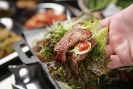 Korean style barbecued beef with welsh onionsの写真素材