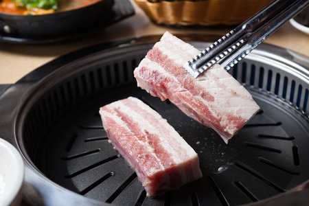Korean barbecue Saeng Samgyeopsal, raw pork bellyの写真素材