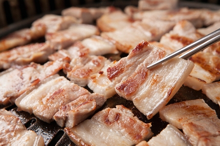 Korean barbecue Saeng Samgyeopsal, raw pork bellyの写真素材