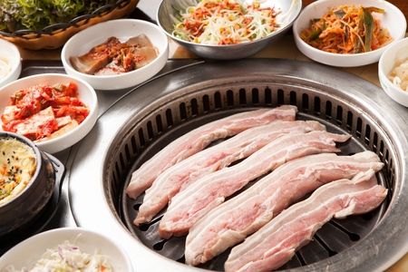 Korean barbecue Saeng Samgyeopsal, raw pork bellyの写真素材