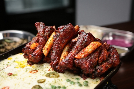 Korean barbecue Deung Galbi, spare ribs with cheeseの写真素材