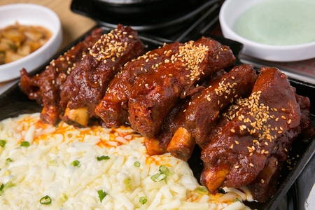 Korean barbecue Deung Galbi, spare ribs with cheeseの写真素材