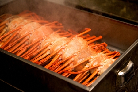 many steamed red crab on a steam panの写真素材