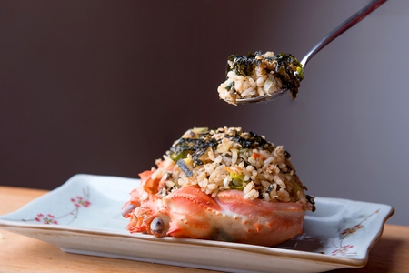 Rice on crab shellの写真素材