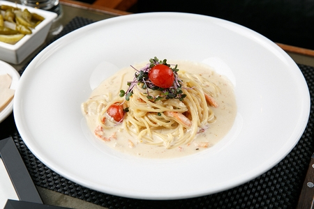 Crab meat cream pastaの写真素材