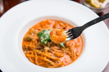 flying fish roe rose pastaの写真素材