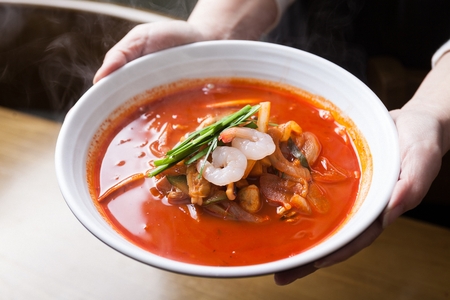 Spicy Korean-Chinese style seafood noodles soup, Jjambbong