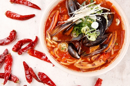Spicy Chinese style seafood noodles soup, Jjambbong