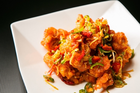Korean-Chinese dish Kkanpunggi, deep fried chicken in hot pepper sauceの写真素材