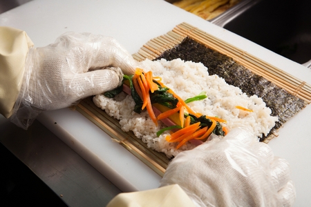 Korean food Kimbap, seaweed-rolled rice and toppingsの写真素材