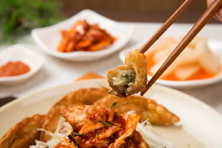 spicy fried dumplings with vegetables, Korean foodの写真素材
