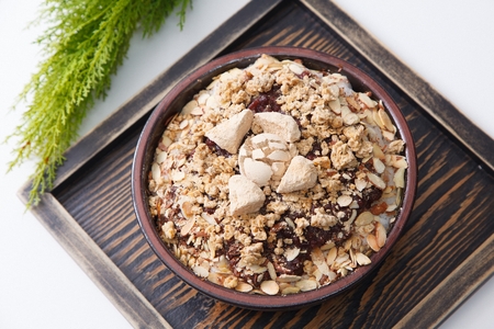 Traditional Korean Bingsu, rice cakes ice flakes with syrup