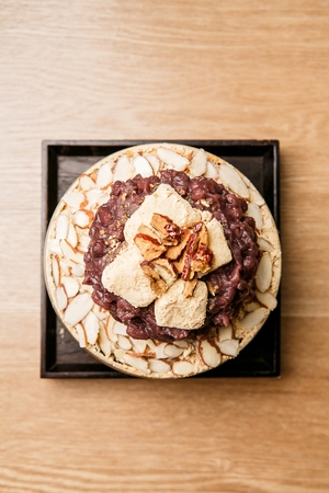 Traditional Korean Bingsu, rice cakes ice flakes with syrup