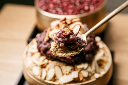 Traditional Korean Bingsu, rice cakes ice flakes with syrup