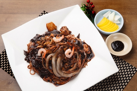 Korean-Chinese seafood and noodles with black bean sauce, Jjajangmyeonの写真素材