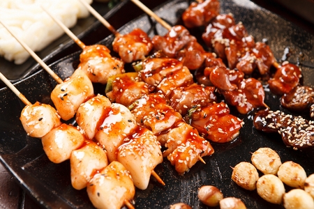 assorted skewers platter on plate on a tableの写真素材