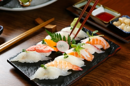 assorted sushi set on plateの写真素材