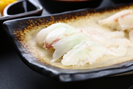 close-up shot of white fish sushi setの写真素材