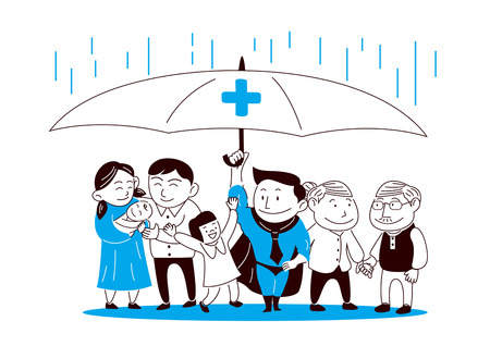 Insurance. A man who is symbol of insurance protects family on a white background. vector illustration. 009のイラスト素材