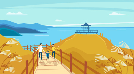 Vector - Beautiful Spring Landscape in Flat Design Style. look around the tourist attractions in Jeju, Korea. 011のイラスト素材