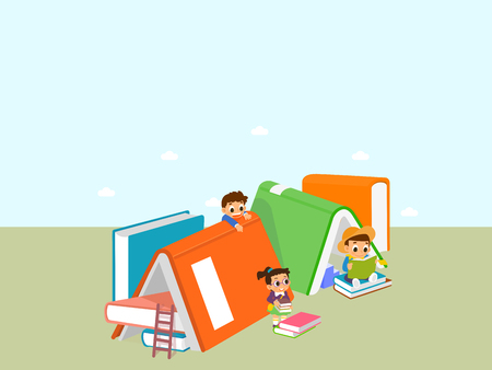 Vector - Children's Education book fair Illustration. Kids sitting on stack of giant books or beside it and reading. 005のイラスト素材