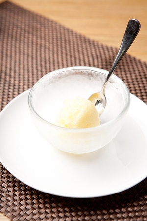 Sherbet in a plate on a white plate, and spoonの写真素材