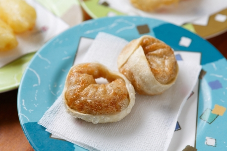 Fried dumplings on a colorful plateの写真素材