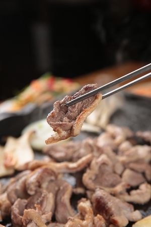 Chopsticks grabbing cooked duck, on a black grillの写真素材