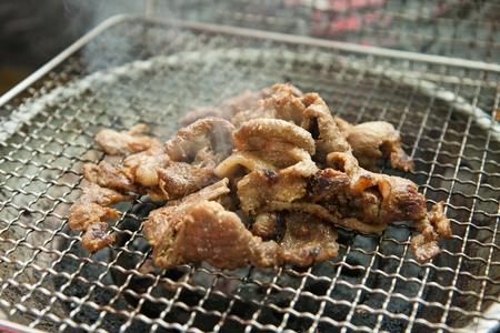 Duck being grilled, on a grill placed over charcoalの写真素材
