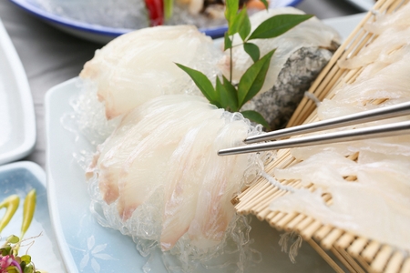 Rockfish sashimi, raw rockfish sliced thinly and chopsticksの写真素材
