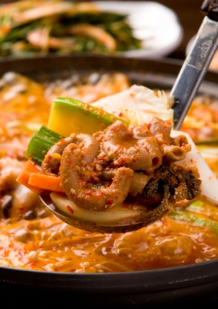 Ladle with gopchang jeongol, a spicy Korean cuisine, vegetables and tripes boiled in a black potの写真素材