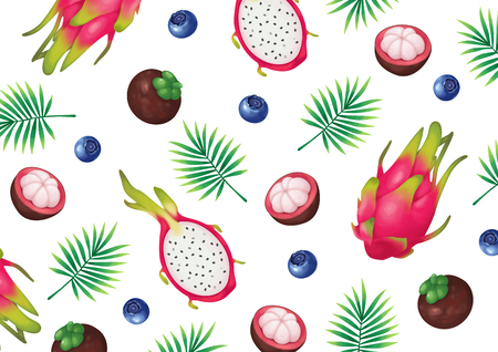 Vector - Summer fruits and Tropical leaves background seamless pattern vector illustrationのイラスト素材