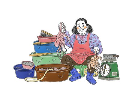 Koreaâs traditional market merchants,  Vintage hand drawn illustrationの写真素材