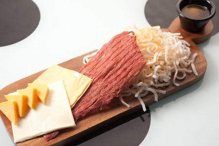 Cheese, beef jerky and dried squid