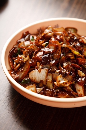 Black-bean sauce noodles with stir fried vegetables with meat, on plate (ganjjajang)の写真素材