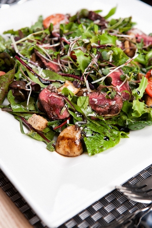 Beef salad with beef and vegetables, on white plateの写真素材