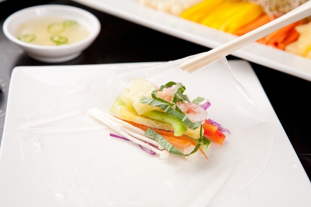 Vietnamese spring rolls, made of rice paper, vegetables, shrimps etc.の写真素材