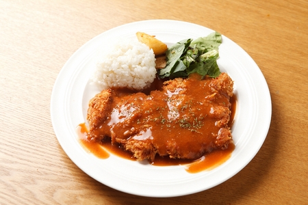 Rice, salad and chicken katsu in white bowlの写真素材